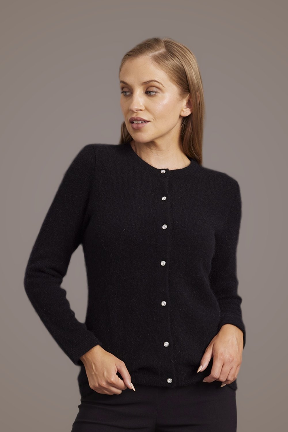 Woman wearing the Cardigan with Crystal Buttons in Black by McDonald against a plain background - 2