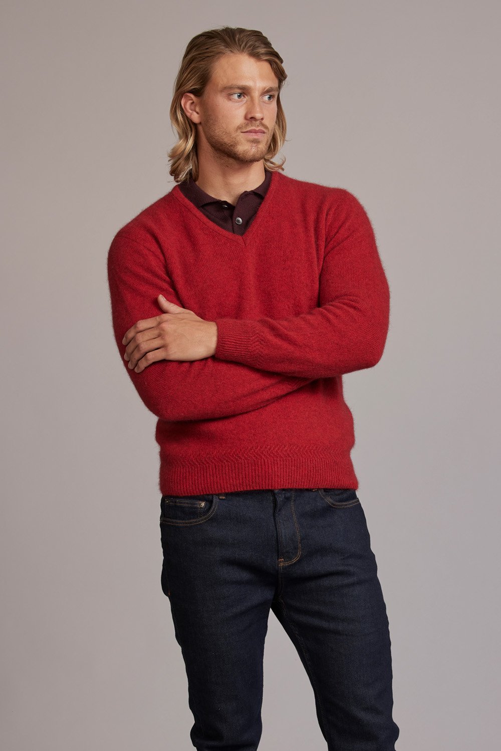 Rack Stitch V-Neck Possum Merino Jersey