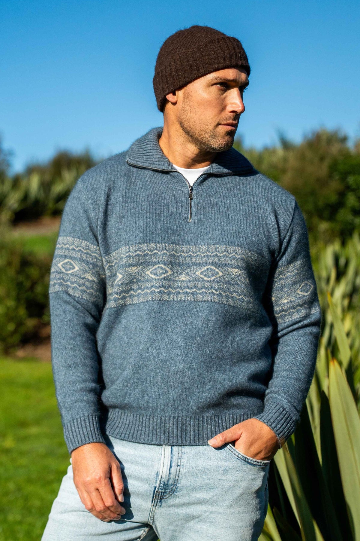 Fairisle Zip Possum Merino Jumper in Riviera/White by Koru