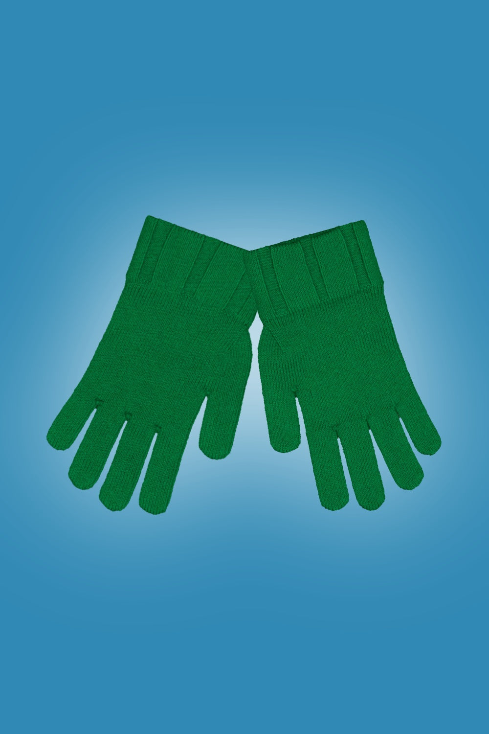 Pair of Rib Merino Gloves in Parrot Green by Royal Merino on a blue gradient background