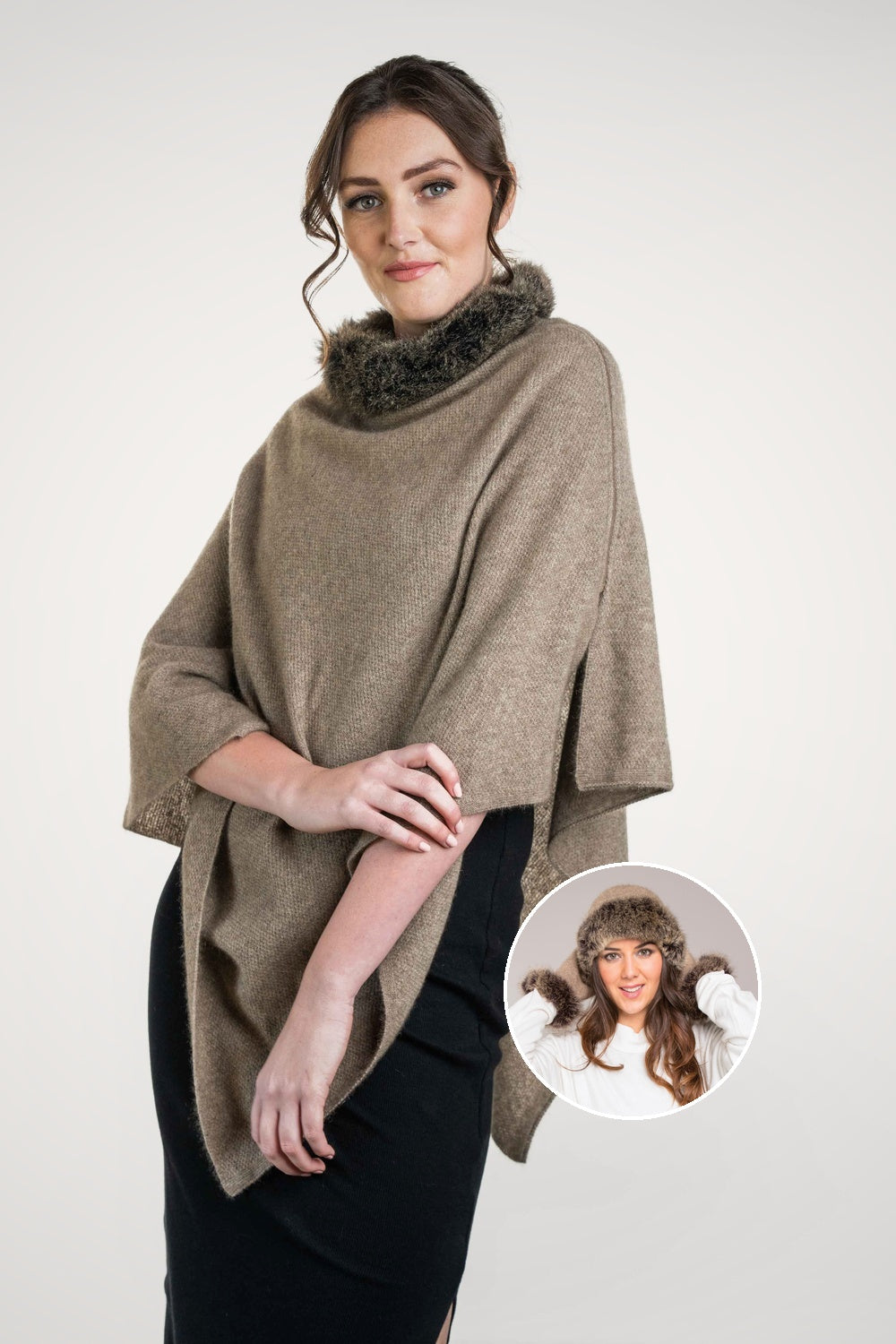 Woman wearing the Fur Trim Possum Merino Poncho in Mocha/Snowtip by Koru on a white background. Matching hat and gloves pictured seperately.
