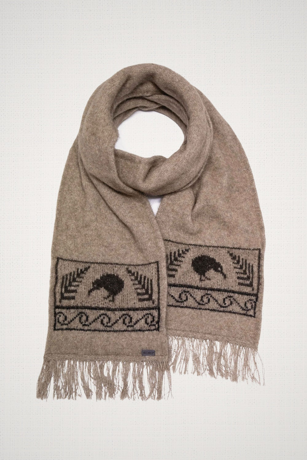 Kiwi Possum Merino Scarf in Mocha by Koru on a white background